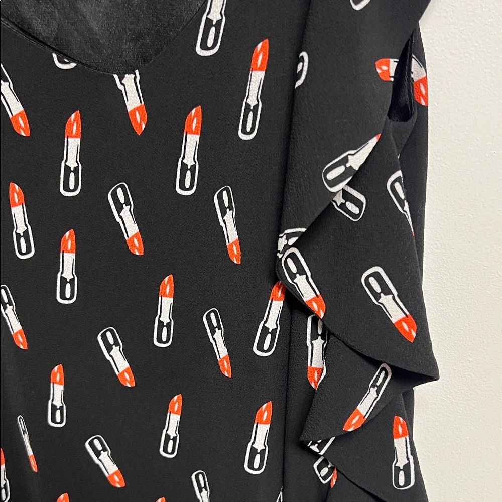 Chloe Dao Black Lipstick Print Ruffle Sides Mini Sheath Dress S/M - Picture 3 of 6